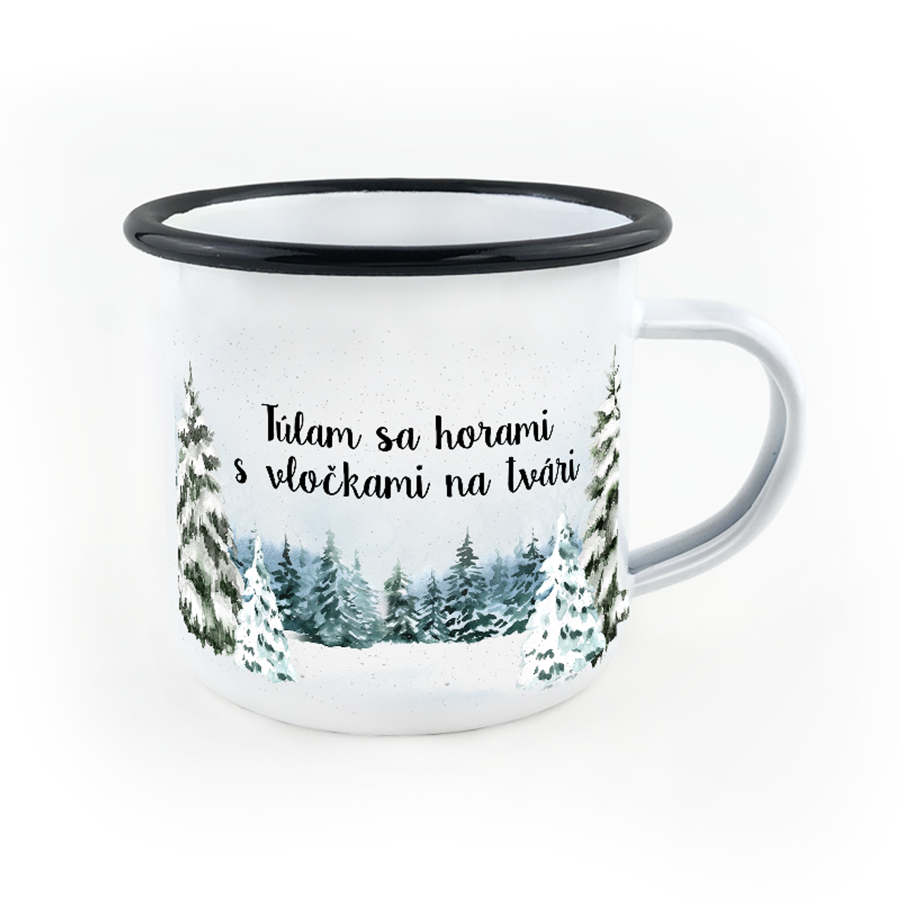 Smaltovaný hrnček Túlam sa horami s vločkami na tvári